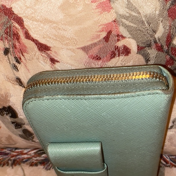 PRADA SAFFIANO LEATHER ZIP AROUND WALLET FRONT BOW AQUAMARINE EUC With COA - Picture 6 of 15
